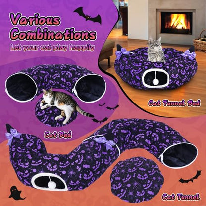 Tidjani Cat Tunnel Bed, Cat Tunnels for Indoor Cats, Foldable Cat Donut Bed with Washable Mat and Dangling Balls, Purple Bowknot, Ghost Spider Pattern Decor Pet Toys for Small Animals - style: Black Bow Ears