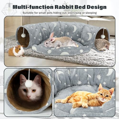 BWOGUE Bunny Tunnel Bed, 2-in-1 Collapsible Tunnel Tubes Toys with Removable Mat Hideout for Cats Kittens Rabbits Guinea Pigs Kitty - color: Grey