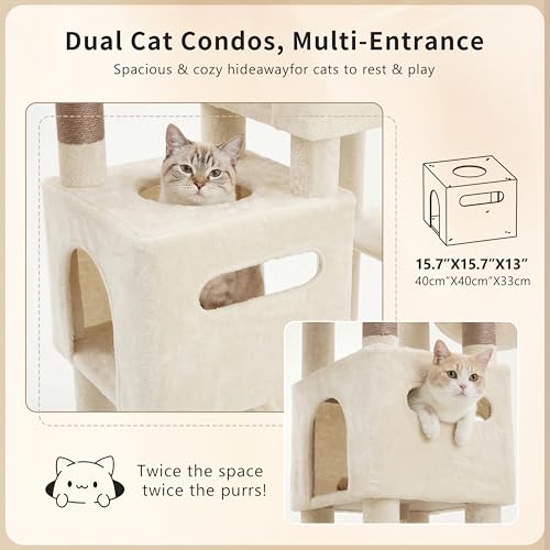 Heybly Cat Tree, 74.8-Inch Spacious & Tall Cat Tower for Large Cats, Cat Furniture with Large Top Perch, Solid Base, 2 Cat Condos, Hanging Hammock, Durable Sisal Scratching Posts, Beige HCT062MJ - color: Beige New