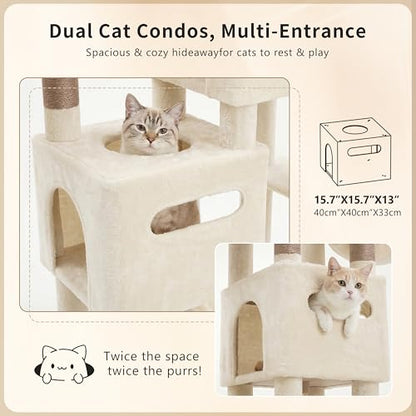 Heybly Cat Tree, 74.8-Inch Spacious & Tall Cat Tower for Large Cats, Cat Furniture with Large Top Perch, Solid Base, 2 Cat Condos, Hanging Hammock, Durable Sisal Scratching Posts, Beige HCT062MJ - color: Beige New
