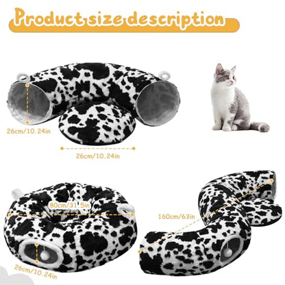 Cat Tunnel Bed for Indoor Cats, Soft Plush Donut Peekaboo Cat Cave, Multifunctional Playground Toy for Small Medium Large Cats, Kittens, Rabbits, Ferrets, with Washable Cushion (Black&White) - color: Black&White