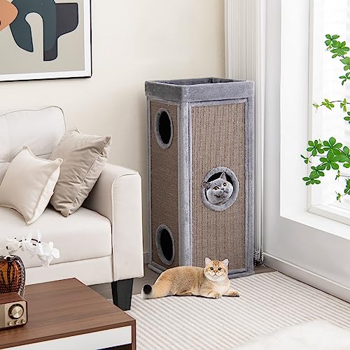 PETSITE 4-Story Cat Tree Condo Barrel Tower, 39 Inches Top High Edge Cat Condo Bed with Removable Cushion, Natural Sisal-Covered Scratching Board Indoor Cat Furniture, Grey