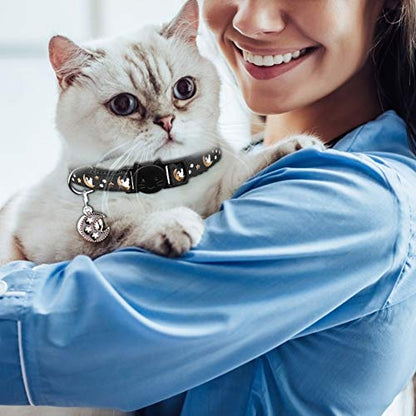 2Pcs Breakaway Cats Collars Cat Collars for Boy & Girl Cats Moons Adjustable Kitten Collars with Bell & Pendant Glow in The Dark,Black+Pink - color: Pink+Black, size: 7.0-10.7''