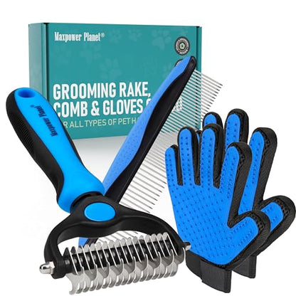 Maxpower Planet Pet Grooming Brush - Double Sided Shedding and Dematting Undercoat Rake Comb for Dogs and Cats,Extra Wide (B1 - Rake, Gloves & Comb, Large) - color: B1 - Rake, Gloves & Comb, size: Large