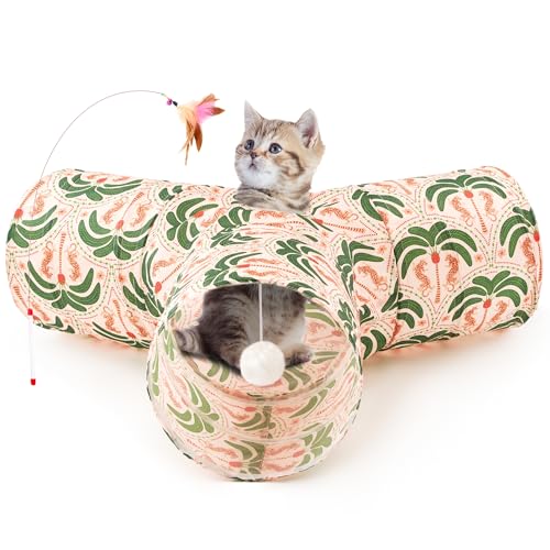 Tempcore Pet Cat Tunnel Tube Cat Toys 3 Way Collapsible, Cat Tunnels for Indoor Cats，Kitty Tunnel Bored Pet Toys Peek Hole Toy Ball Puppy, Kitty, Kitten, Rabbit Khaki Coconut Tree - color: 3-Way Khaki Coconut Tree, size: 3-way