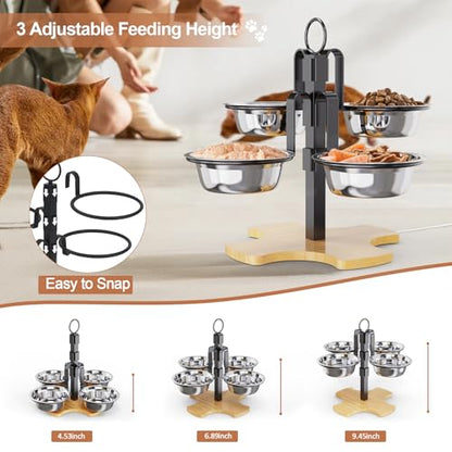 Elevated Cat Food Bowls, 3 Adjustable Heights Raised Cats Bowl for Indoor Cats Small Dogs with 4 Stainless Steel Bowls, Pet Food and Water Bowl