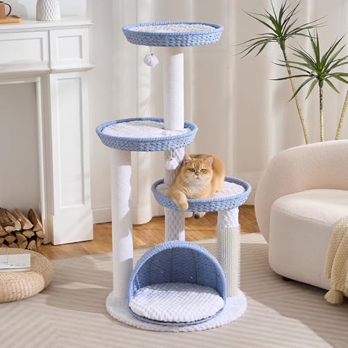 HITTITE Modern Cat Tree Tower with Scratching Post, 46 Inches Tall Cat Towers with Woven Cat Nests and Cave, Multi-Level Cat Tree With Removable Cushions and Massage Brush for Indoor Cats Large Adult. - color: Blue, size: 46in