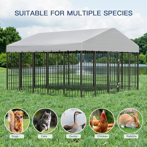 Kullavik 10x10x6 FT Large Outdoor Dog Kennel,Anti-Rust Galvanized Steel Dog Pen with Feeding Door & Double Locks,Heavy Duty Dog Enclosure Fence with UV-Resistant Waterproof Cover for Outside - size: 117"L x 119"W x 75"H