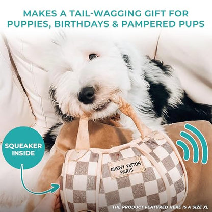 Haute Diggity Dog Chewy Vuiton Handbag Plush Squeaky Dog Toy, Soft Durable Designer-Inspired Stuffed Puppy Chew Toys for Small, Medium & Large Dogs, Machine-Washable (Tan Checker) XL - color: Brown Handbag, size: X-Large