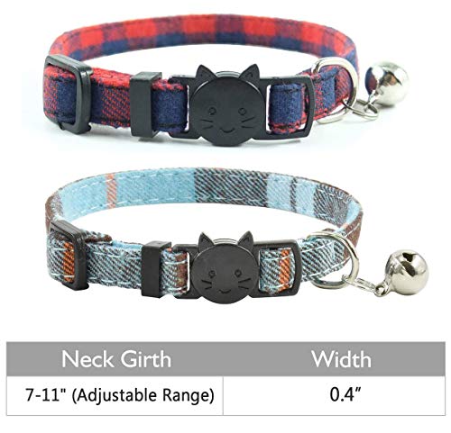 Cat Collar Breakaway with Bell, Cute Plaid Patterns Design Adjustable Kitty Safety Collars 2 Pack Pet Collar for Cats(7-11inches, Red+Light Blue) - color: Red+Light Blue