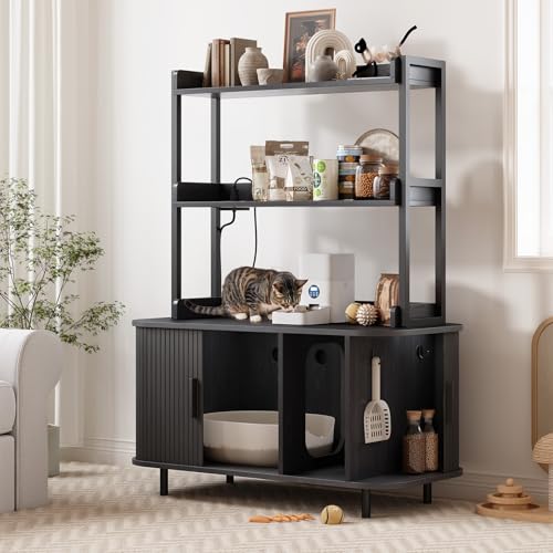 ONBRILL 54 Inch Hidden Litter Box Furniture with Shelves and Outlets,Fluted Cat Litter Box Enclosure, Mid-Century Modern Wooden Cat House with Sliding Tambour Door and Hooks, Black - color: Black