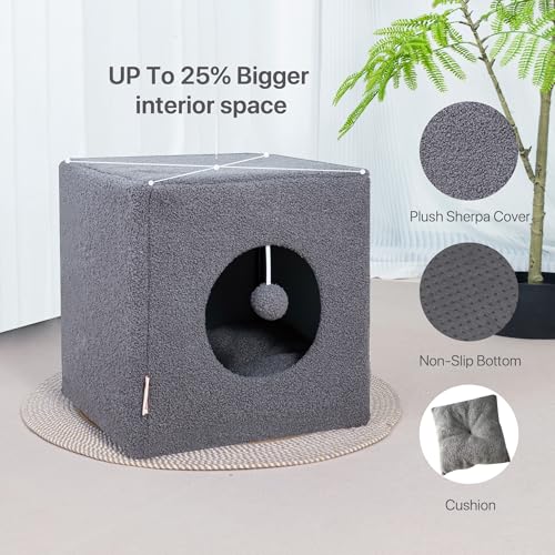 Cat Cubby for Indoor Cats, Fluffy Large Cube Cat Cave Bed, Cat House Hideaway for Multiple Cats & Small Pets, Detachable Sherpa Cover 16 Inches