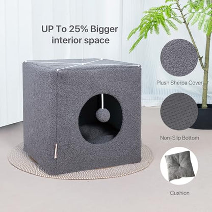 Cat Cubby for Indoor Cats, Fluffy Large Cube Cat Cave Bed, Cat House Hideaway for Multiple Cats & Small Pets, Detachable Sherpa Cover 16 Inches