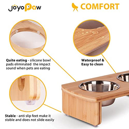 Elevated Dog Bowls, Bamboo Raised Dog Bowl for Small Dogs & Cats, with 2 Stainless Steel Bowls (4'' Tall-20oz Bowl) - color: Natural, size: Small: 4'' Tall-20oz Bowl
