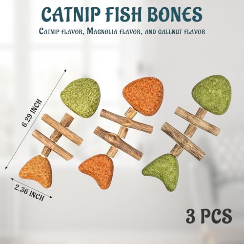 Cat Chew Toy, Interactive Cat Toy with Catnip, Dental Care for Cats, Teething Toy for Indoor Cats, 3-Pack Fish Bone Shape in Mixed Flavors 16x6 cm
