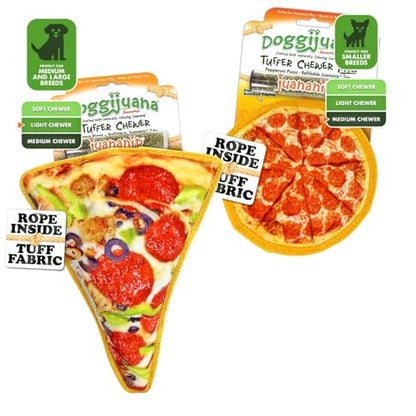 Doggijuana Cafe Combo Refillable Juananip Toy Bundle | Supreme Pizza & Pepperoni Pizza | Funny Dog Toy Plush with Catnip and Refill | Interactive Chew for Play - style: Supreme Pizza & Pepperoni Pizza
