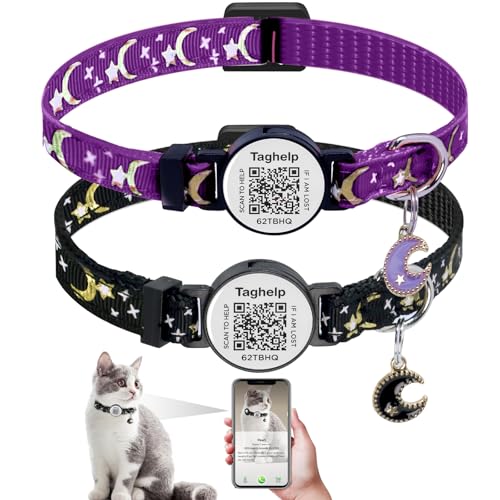 2PCS Breakaway Cat Collars with Moons Stars Cute Kitty Adjustable Safe Kitten Collars with Smart ID QR Code tag,Moon and Star Kitten Safety Collars for Boys & Girls(Black & Purple) - color: Star & Moons - Black & Purple