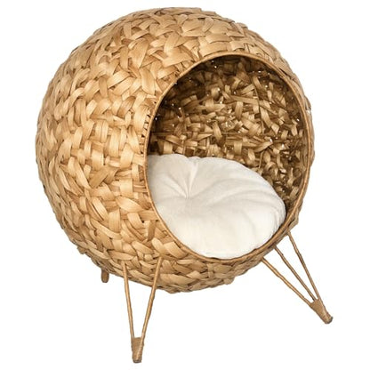 PawHut 20.5" Weaved Cat Bed, Elevated Hand-Woven Braided Banana Leaf Kitten House Condo with Cushion, Natural - color: Natural