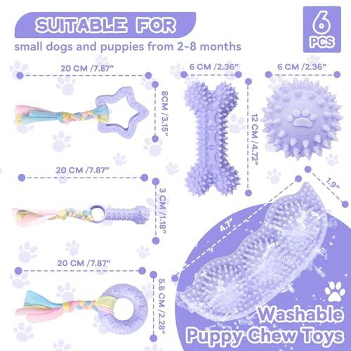 Petcare 6 Pack Puppy Teething Toys, Cute Purple Small Dog Chew Toys for Puppies 0-6 Months, Soft Rubber Rope Dog Teething Toys, Best Small Puppy Toys, Puppy Essentials Supplies - color: Purple