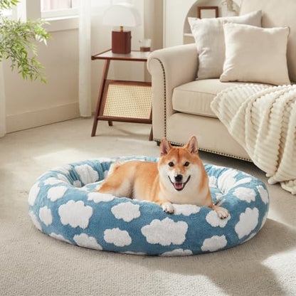 JOEJOY Donut Dog Bed Medium Size Dog, Cute Round Calming Pet Bed with Removable Washable Cover, Orthopedic Puppy Bed with Jacquard Shaggy Plush & Non Skid Bottom - color: Blue, size: M (30x30x8)