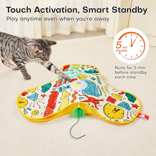 Potaroma Interactive Cat Feather Toys, Hide and Seek Concealed Moving Feather Wand, Rechargeable Touch Activated Indoor Kitten Exercise Kicker, Mouse Squeaky, Graffiti Cover - color: Graffiti Cover