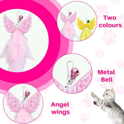 Walfront Interactive Cat Toy Wand — Yellow & Pink Wing Tassel Teaser with Replaceable Natural Heads, Flexible Steel Rod, Indoor Cat Toy for Multi-Cat Homes, Kittens & Adult Cats, Play & Stress Relief