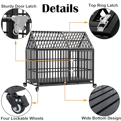 50 inch Heavy Duty Indestructible Dog Crate with 2 Bowls, Escape Proof Double Door Dog Kennel for Large Giant Dogs with Wheels and Trays, High Anxiety Extra Large Dog Cage Indoor Outdoor, XL XXL - size: 49.2"L x 29.7"W x 46.3"H