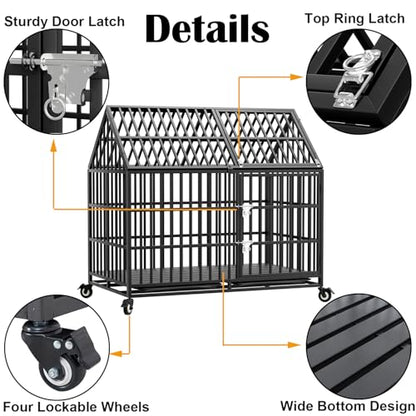 50 inch Heavy Duty Indestructible Dog Crate with 2 Bowls, Escape Proof Double Door Dog Kennel for Large Giant Dogs with Wheels and Trays, High Anxiety Extra Large Dog Cage Indoor Outdoor, XL XXL - size: 49.2"L x 29.7"W x 46.3"H