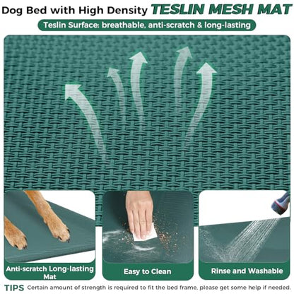 Windproof Elevated Dog Bed with Canopy & Stakes, 3-Sided 90% UV Block, Chew-Proof Teslin Mesh Mat for Large Dogs up to 150lbs(Green X-Large) - color: Green, size: X-Large