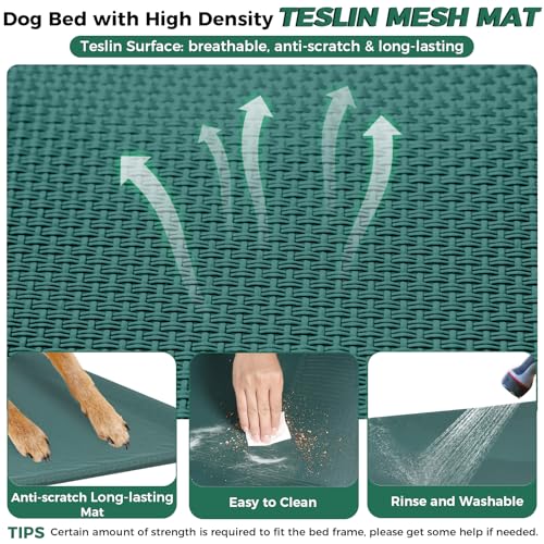 Windproof Elevated Dog Bed with Canopy & Stakes, 3-Sided 90% UV Block, Chew-Proof Teslin Mesh Mat for Large Dogs up to 150lbs(Green Large) - color: Green, size: Large