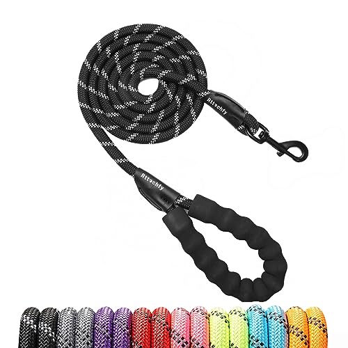 Rttochfy Rope Dog Leash 2/4/5/6/8/10 FT with Comfortable Padded Handle and Highly Reflective Threads for Small Medium and Large Dogs Heavy Duty (1/2"-8 FT, Black) - color: Black, size: XXL (1/2'' x 8 FT)