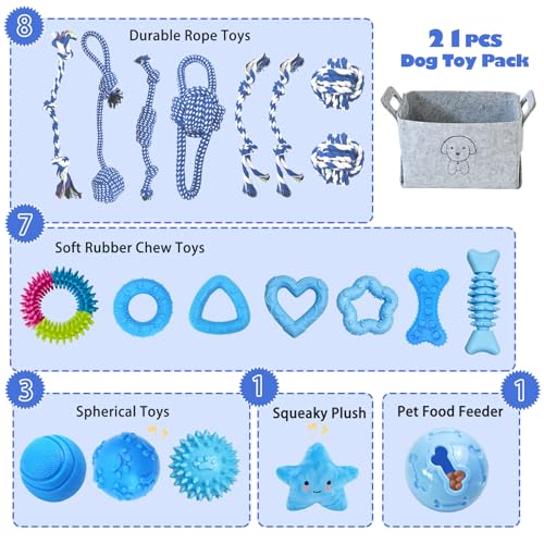 MRSOHRET Upgraded 21Pcs Puppy Chew Toys - Blue Puppy Chew Toys Bundle for Teething, Puppies Teething Toys with Durable Rope Rubber Ball, Pet Interactive Toys for Small Medium Dogs with Basket