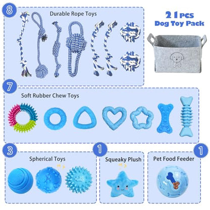 MRSOHRET Upgraded 21Pcs Puppy Chew Toys - Blue Puppy Chew Toys Bundle for Teething, Puppies Teething Toys with Durable Rope Rubber Ball, Pet Interactive Toys for Small Medium Dogs with Basket