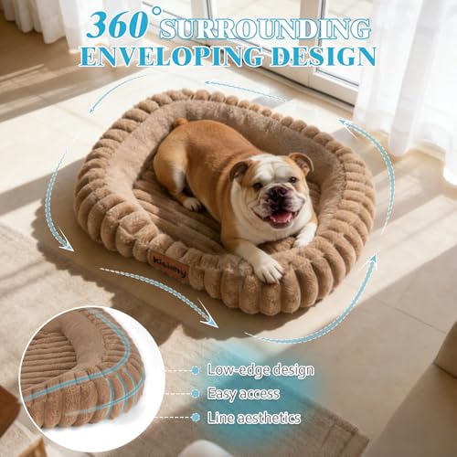 Cute Washable Dog Bed for Small Dogs -Soft Plush Calming Puppy & Cat Bed with Anti-Slip Bottom, Rectangle Anti-Anxiety Puppy Kennel Bed with Handle, 25" x 21" x 4", Brown - color: Brown, size: 25"L x 21"W x 4"Th