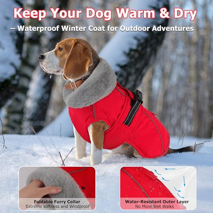 Dog Coat with Pocket, Waterproof Dog Jacket with Adjustable Buckle, Reflective Puppy Winter Coat Warm Turtleneck Fleece SnowJacket for Small Medium Large Dogs - Red L - color: Red, size: Large(Chest:22.8"-29.5", Back:16.5")