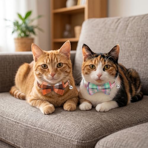 6 Pcs Cat Collar Breakaway with Bow Tie and Bell Kitten Collars Removable Bowtie Plaid Cat Collar for Cats Kittens Puppy (Classic) - style: Classic