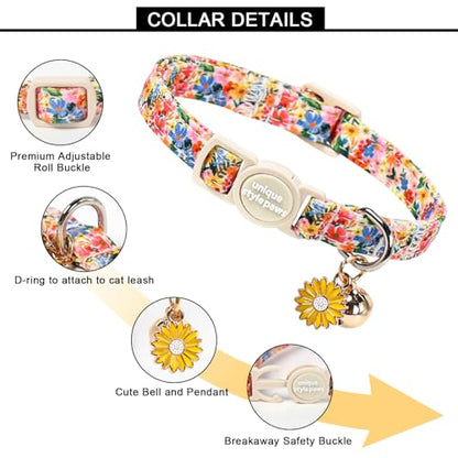 Unique style paws 2 Pack Valentine Kitten Collar Breakaway with Bell&Pendant, Adjustable Safety Spring Summer Colorful Flower Cotton Collar for Girl Boy Cat and Small Pet - color: colorful flower
