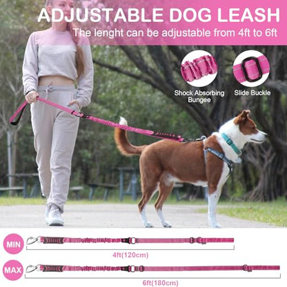 Heavy Duty Dog Leash for Medium Large Dogs that Pull,4-6FT Shock Absorbing Bungee Tactical Dog Leash with Control Padded Handle and Car Seatbelt, Reflective Lead for Walking Training,Pink - color: Pink