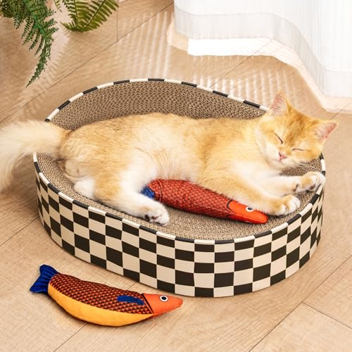 Conlun Cat Scratcher Bed,2 in 1 Oval Cat Scratching Board for Indoor,Scratch Pad Corrugated Cardboard Lounge Bowl Nest Couch Sofas for Kitty Play&Rest,Holiday Birthday Gift with Kittens Toy Fish - color: Checkerboard with Cat Toy Fish, size: Medium(16.9"L