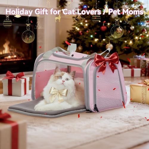 Airline Approved Cat Carrier 17.5×10.5×10.5 in, Escape-Proof Design with Locking Zippers & Safety Leash, Easy-Access 3-Way Entry, Washable Mat, Gift-Ready Holiday Choice for Cats up to 12 lb - color: Pink, size: Medium