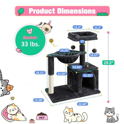 Allewie 29.5in Indoor Cat Tree, Multi-Level Cat Tower with Sisal Scratching Posts, Padded Perch, Basket, Condo, and Hanging Ball, Suitable for Kittens and Adult Felines,Dark Grey - color: Dary Grey