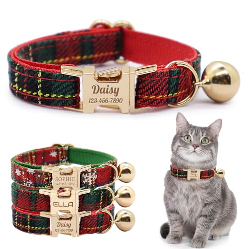 Personalized Plaid Cat Collar with Bell - Non-Breakaway Custom Polyester Kitten Collar with Engraved Name & Phone Number (Pattern 11, L (7.5-12.5 Inches)) - color: Pattern 11, size: L (7.5-12.5 Inches)