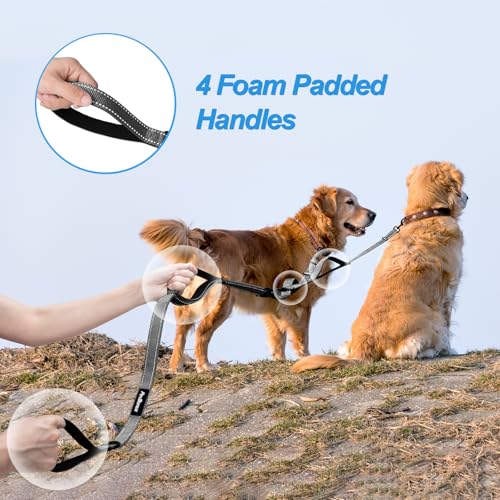 Double Dog Leash, No Tangle Dual Leash, Reflective Walking Training Lead, 4 Comfortable Padded Handles for 2 Dogs with Collapsible Bowl and Waste Bags (Grey, Large) - color: Grey