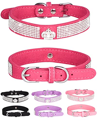Dog Collar for Small Dogs, Adjustable Leather Suede Bling Dog Collars，Pink Dog Collar Cat Collar, Rhinestone Dog Collar (XS, Rose red3) - color: rose red3, size: XS