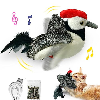 LEWISER Cat Toys, Flapping Wings Cute Woodpecker, No Flying, Chirping Bird Interactive Catnip Toy for Kitten or Small Dogs, Touch Activated, Rechargeable - color: Flap Woodpecker