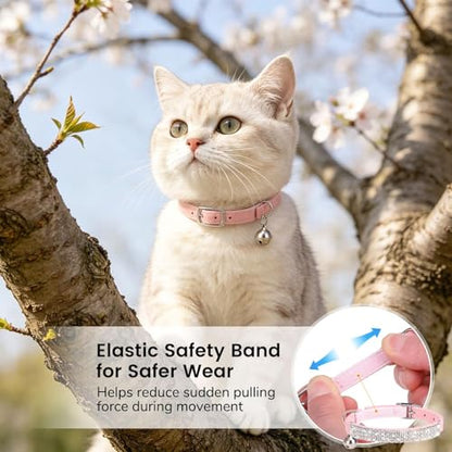 BINGPET Diamond Cat Collar with Bell, Adjustable Soft Velvet Bling Rhinestone Cat Collar, Sparkly Kitten Collar with Safety Elastic & Metal Buckle for Small Medium Cats - color: Pink(Rhinestones), size: Neck Girth 8"-10"