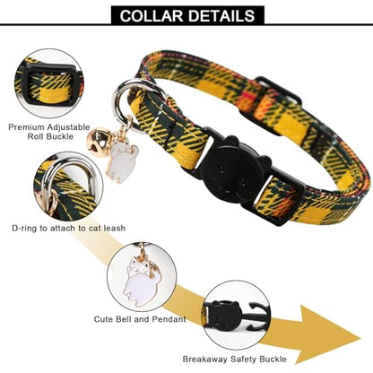 Unique style paws 2 Pack Kitten Collar Breakaway with Bell & Pendant, Adjustable Safety Cat Cotton Collars for Girl Boy Cats and Small Pets - color: brown yellow grid