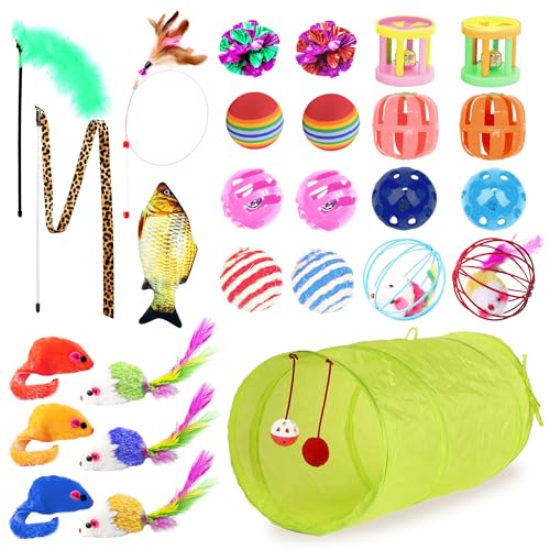 SunGrow Cat Tunnel and Assorted Activity Variety Pack, Interactive Kitten Accessories, for Indoors, Teaser Wand, Crinkle Balls, Bell Set, etc. (Assorted Toys, 30 Pieces)