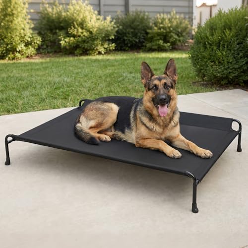 Veehoo Outdoor Dog Bed, Raised Dog Beds for Large Dogs, Elevated Dog Bed with Headrest, Washable Cooling Pet Cot with Non-Skid Feet, Breathable Mesh, Pet Hammock for Indoor or Camping, 47", Black - color: Black, size: 47.0"L x 29.0"W x 11.0"Th