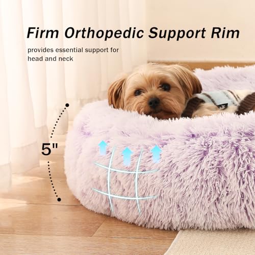 Calming Donut Dog Bed for Small to Medium Dogs & Cats - Plush Faux Fur Anti-Anxiety Pet Bed with Machine Washable Cover & Non-Slip Base - color: Gradient Purple, size: Small 19.6''